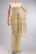 Beige Maheshwari Silk Saree with Stripes on the body and Zari Border displayed on a mannequin