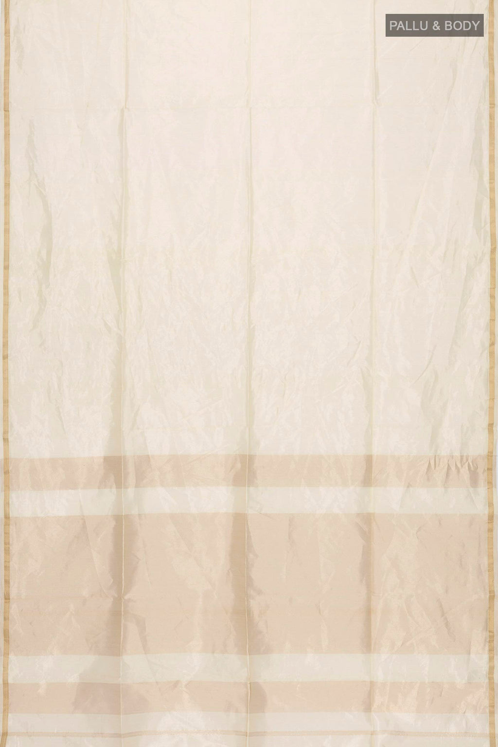 Flat view of Beige Maheshwari Silk Saree with Stripes on the body and Zari Border