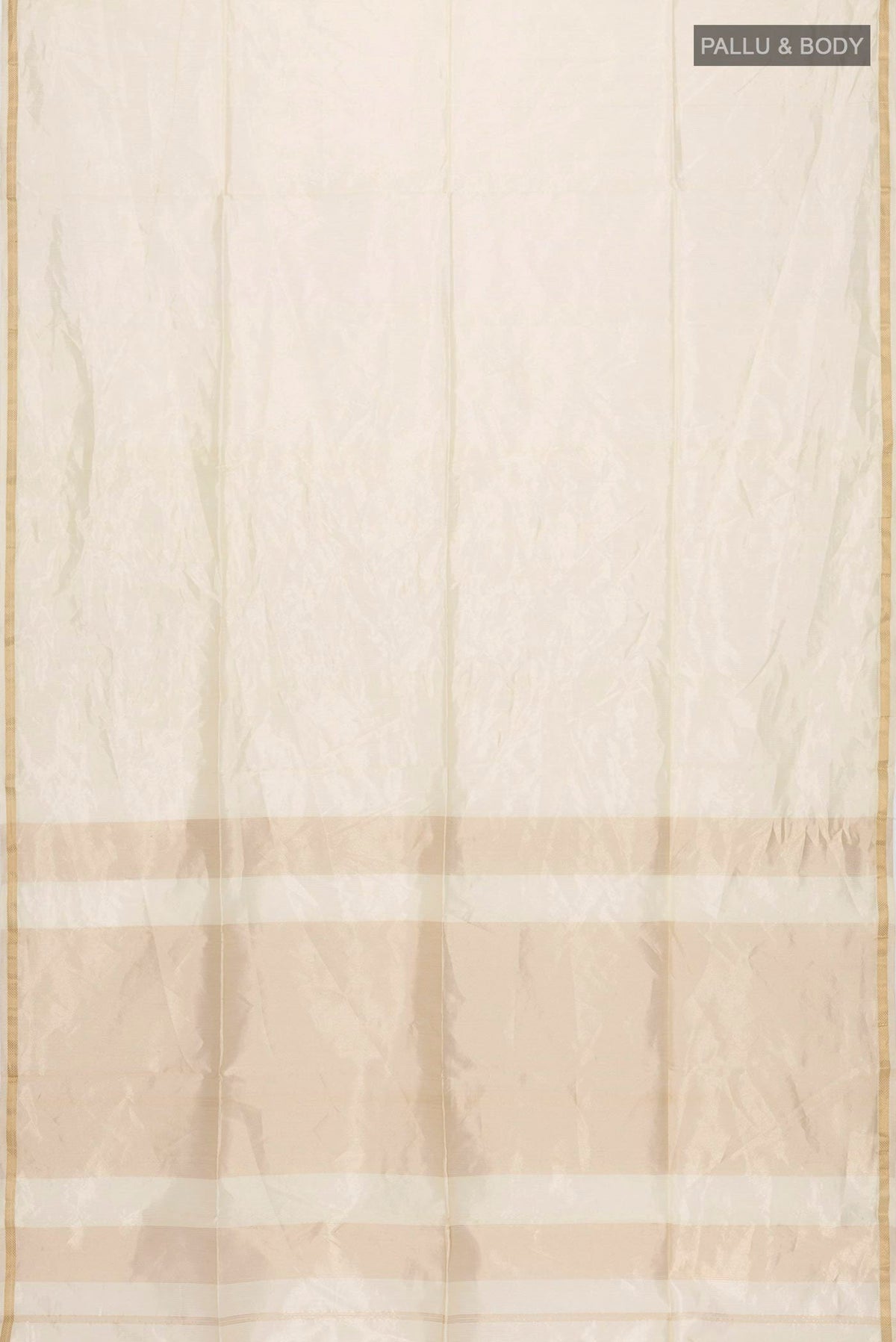 Flat view of Beige Maheshwari Silk Saree with Stripes on the body and Zari Border