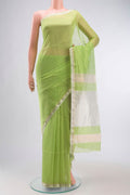 Green Maheshwari Silk Cotton Saree with Stripes on the body and Zari Border displayed on a mannequin