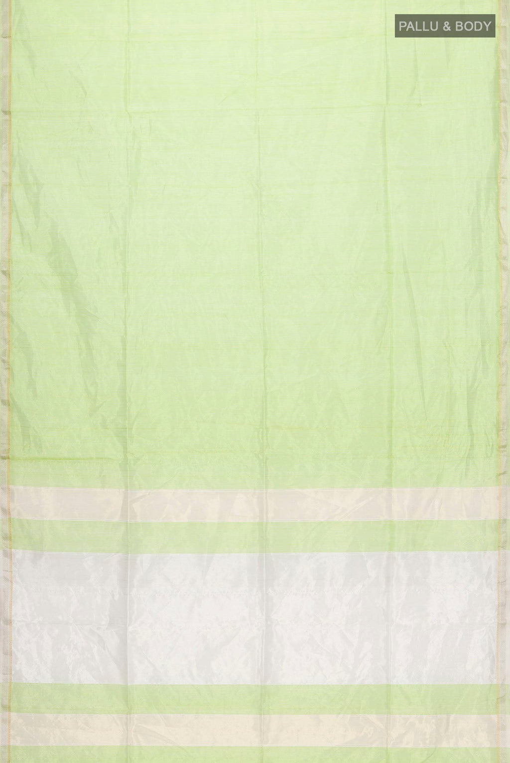 Flat view of Green Maheshwari Silk Cotton Saree with Stripes on the body and Zari Border