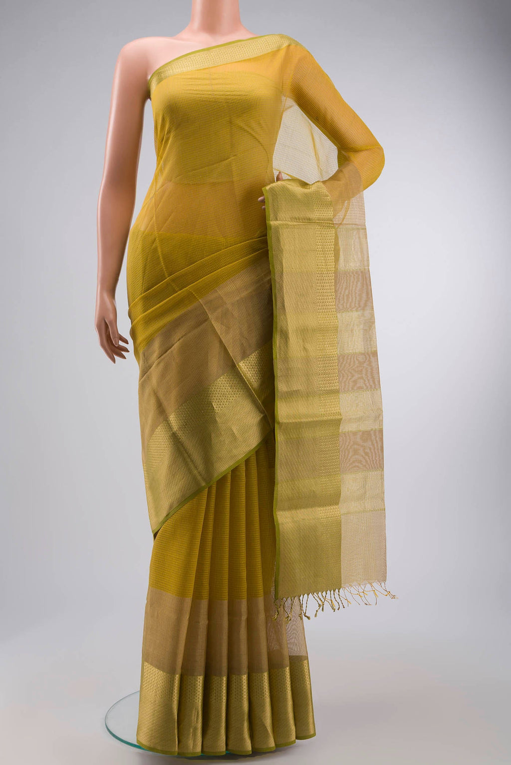 Yellow Maheshwari Silk Saree with Stripes on the body and Zari Border displayed on a mannequin