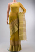 Yellow Maheshwari Silk Saree with Stripes on the body and Zari Border displayed on a mannequin