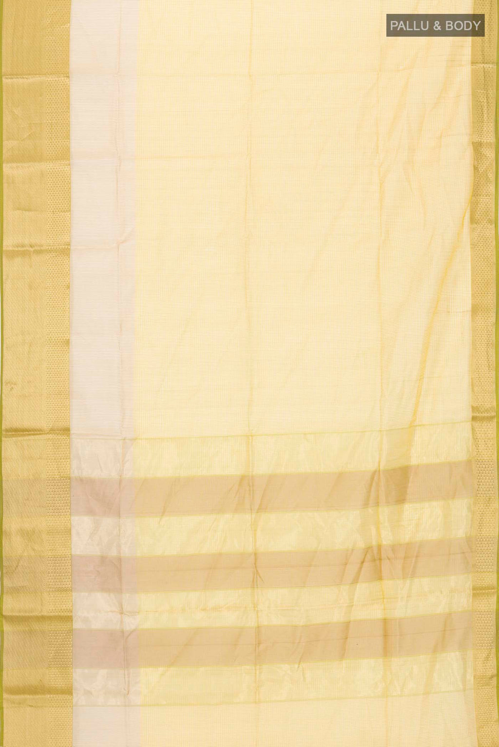 Flat view of Yellow Maheshwari Silk Saree with Stripes on the body and Zari Border
