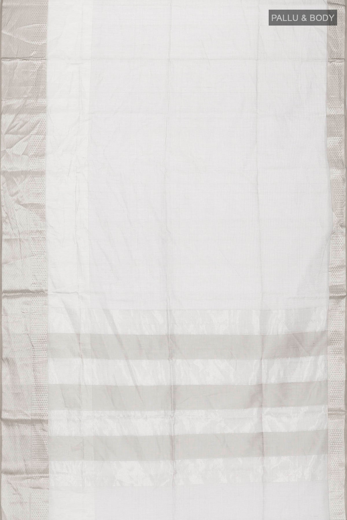 Flat view of Grey Maheshwari Silk Saree with Stripes on the body and Zari Border