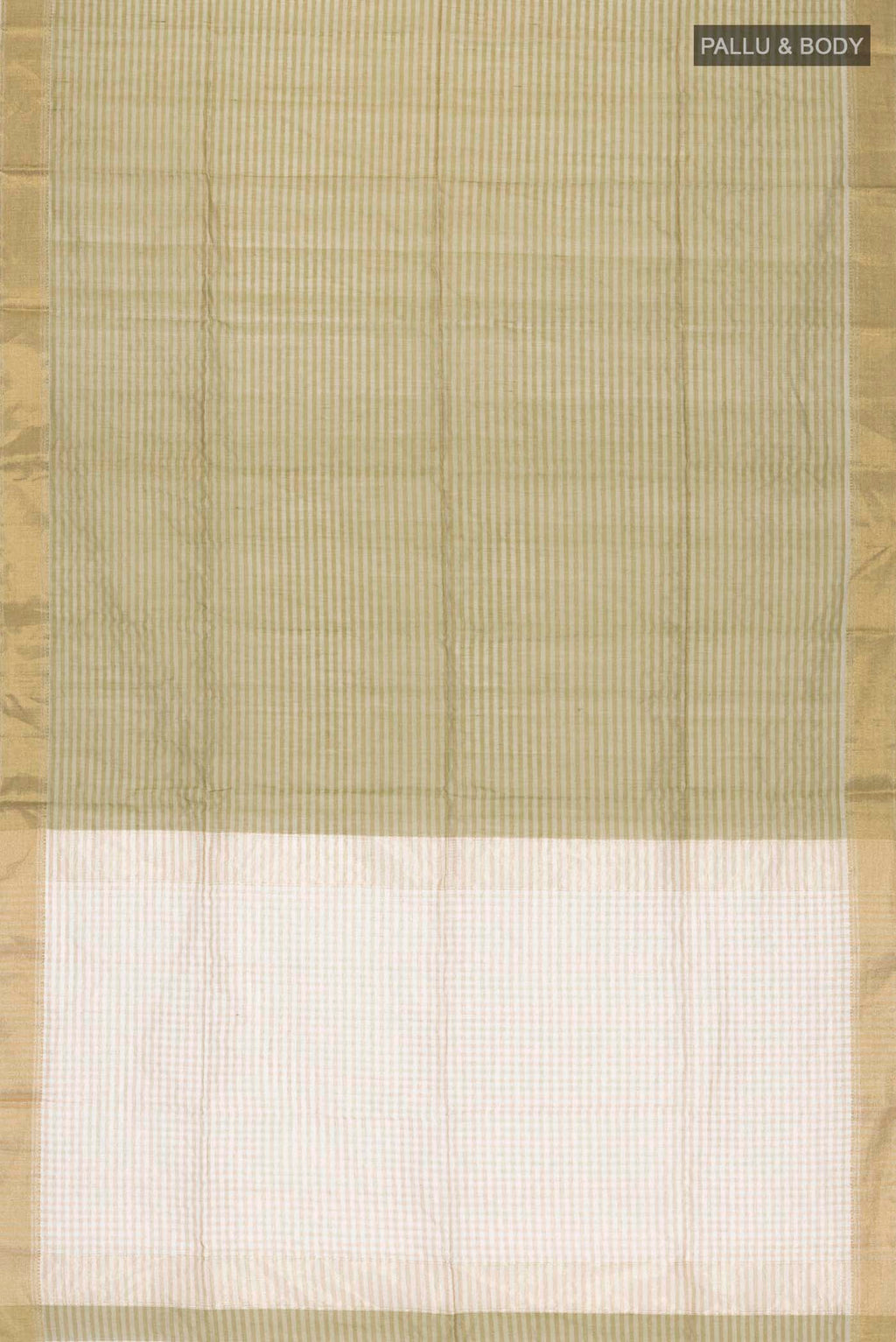 Flat view of Sage Green Maheshwari Silk Saree with Stripes on the body and Zari Border