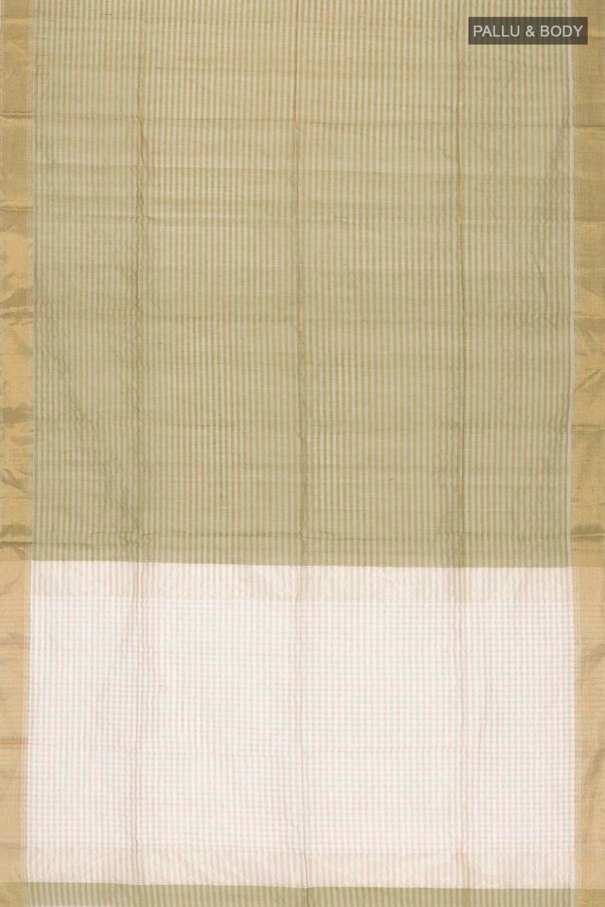 Flat view of Sage Green Maheshwari Silk Saree with Stripes on the body and Zari Border