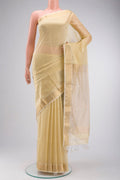 Cream Banarasi Raw Silk Saree with Stripes on the body and Zari Border displayed on a mannequin