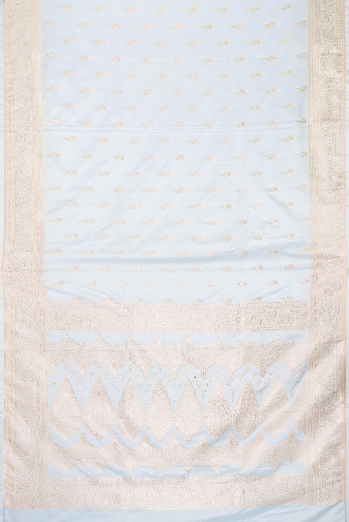 Flat view of Blue Dual Tone Blended Banarasi Silk Saree with Zari Brocade on the body and Zari Border. 