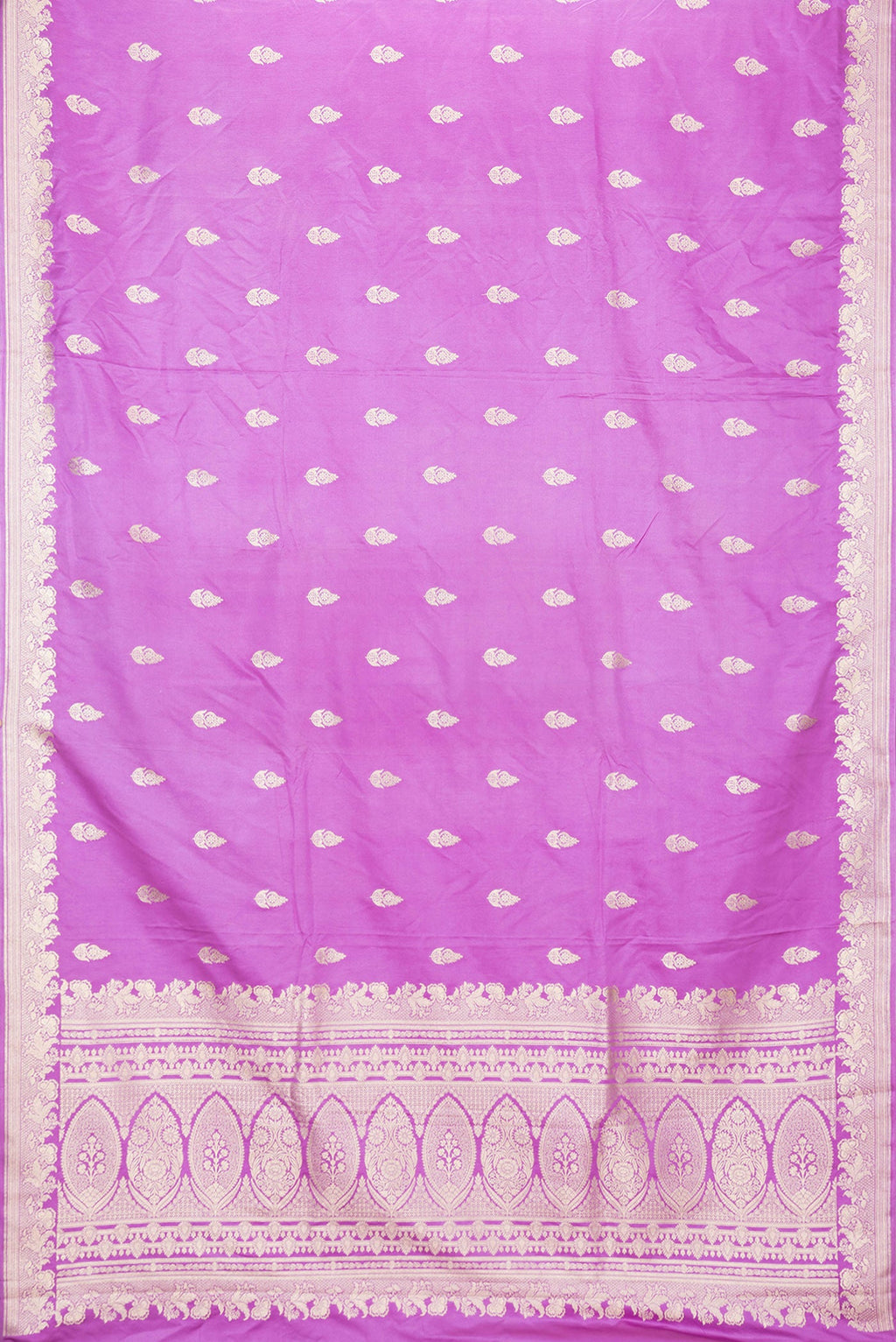 Flat view of Lavender Dual Tone Blended Banarasi Silk Saree with Zari Butta on the body and Zari Border. 