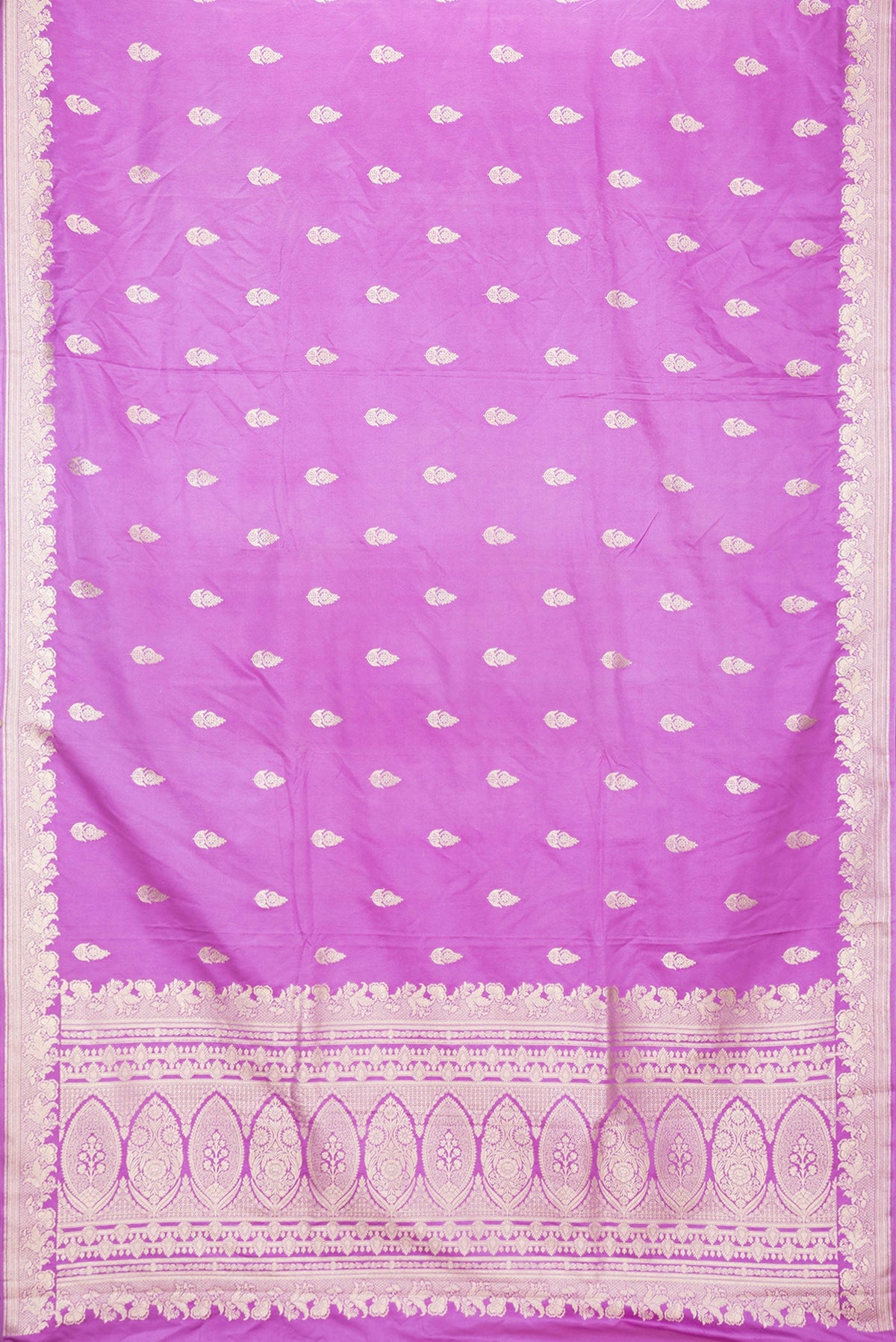Flat view of Lavender Dual Tone Blended Banarasi Silk Saree with Zari Butta on the body and Zari Border. 