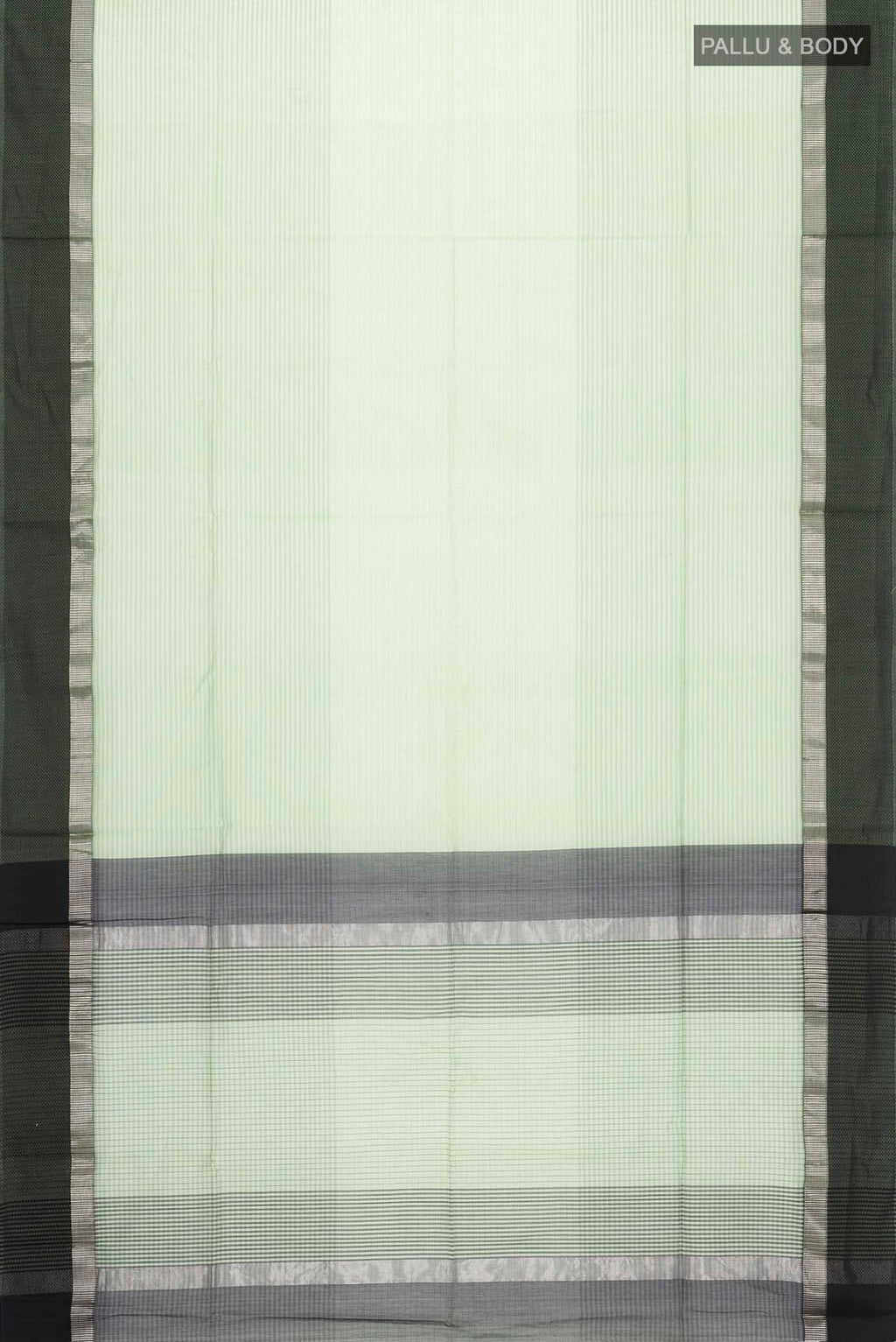 Flat view of Green Maheshwari Silk Cotton Saree with Stripes on the body and Thread Border