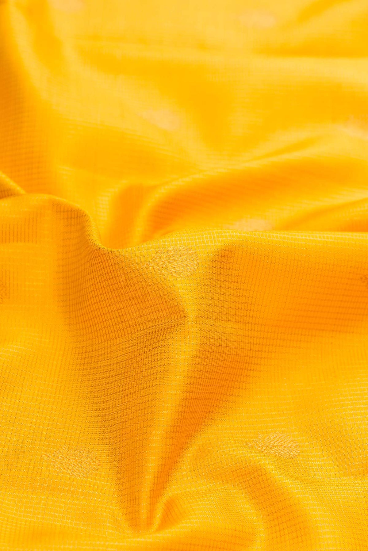 Close up of Yellow Dual Tone Kanchipuram Silk Saree with Zari Butta on the body and Zari Border displaying folds