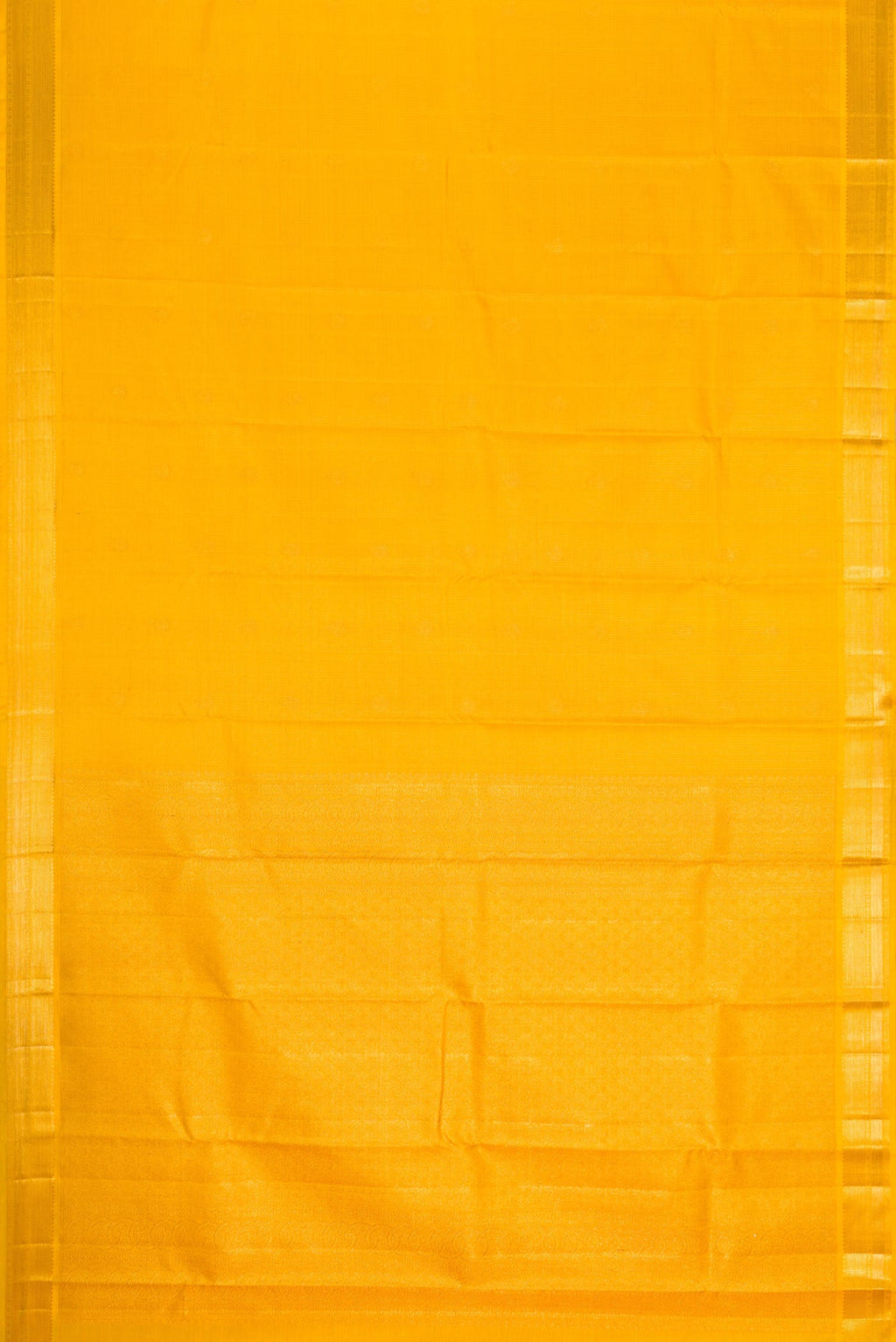 Flat view of Yellow Dual Tone Kanchipuram Silk Saree with Zari Butta on the body and Zari Border