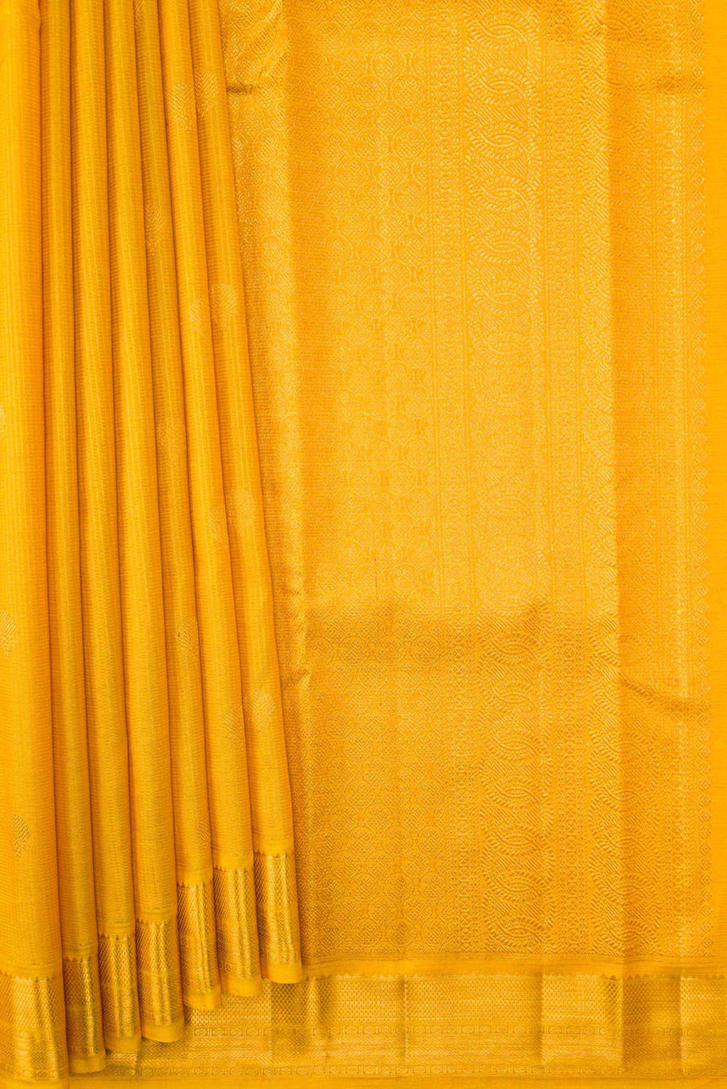 Pleats and pallu of Yellow Dual Tone Kanchipuram Silk Saree with Zari Butta on the body and Zari Border