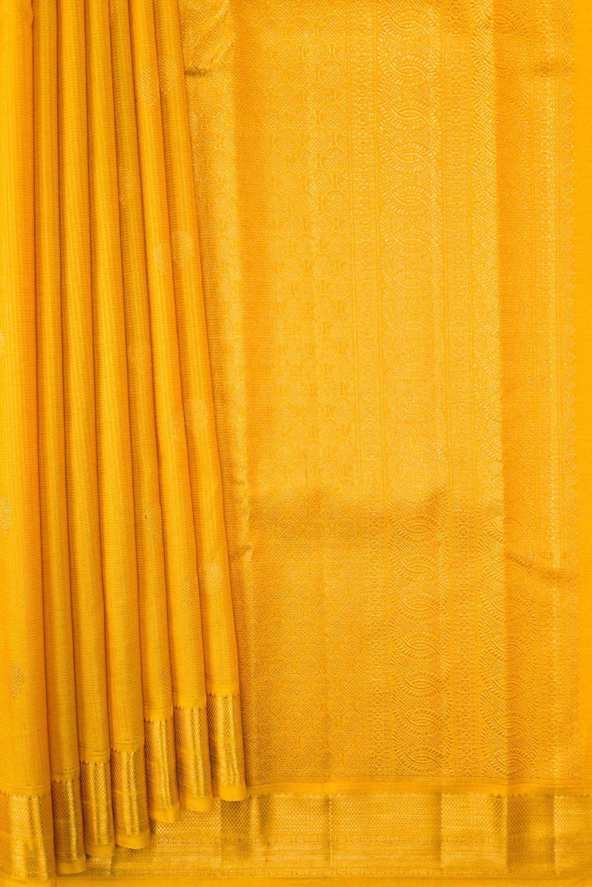 Pleats and pallu of Yellow Dual Tone Kanchipuram Silk Saree with Zari Butta on the body and Zari Border