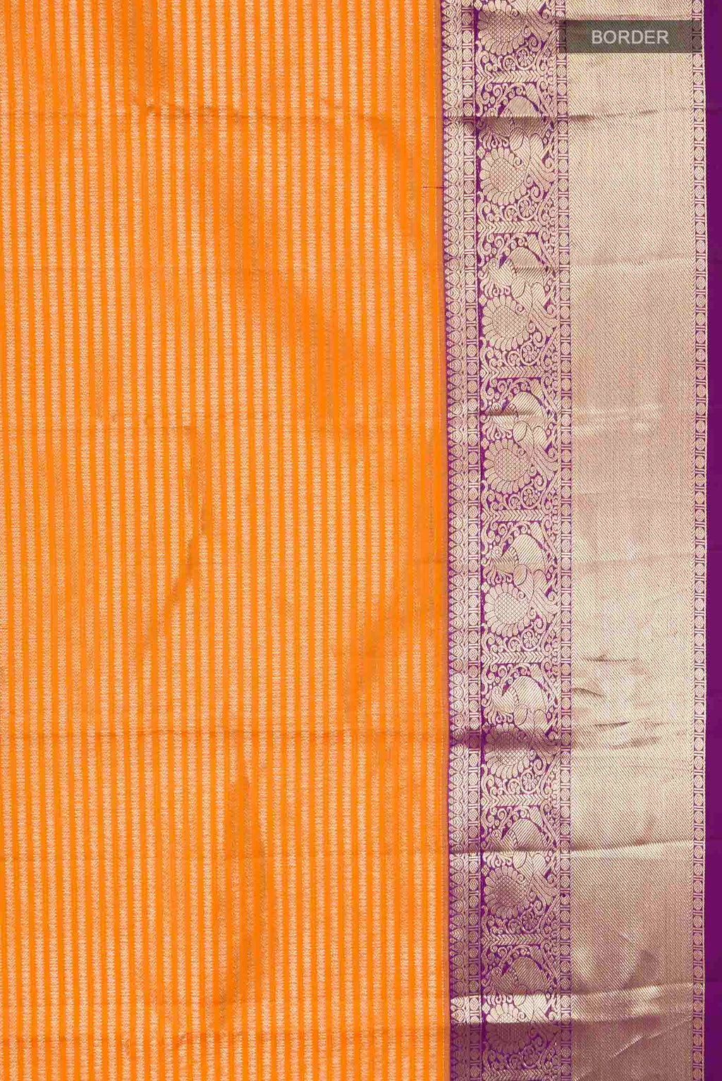 Border image of Orange Kanchipuram Silk Saree with Stripes on the body and Zari Border
