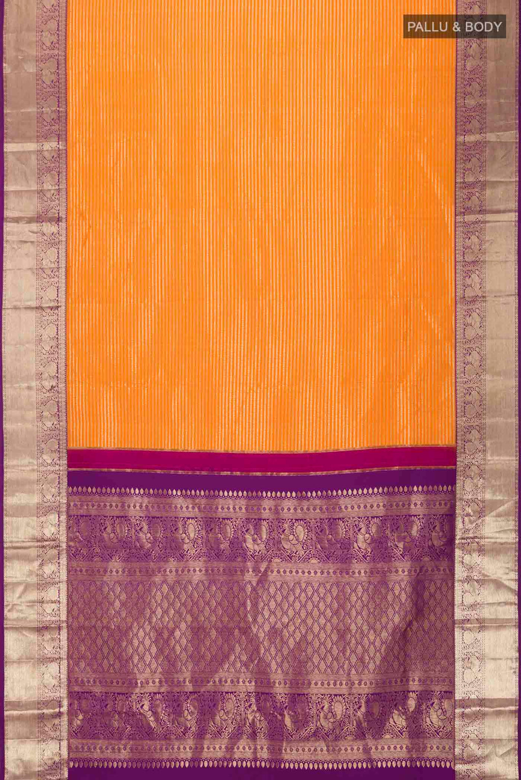 Flat view of Orange Kanchipuram Silk Saree with Stripes on the body and Zari Border