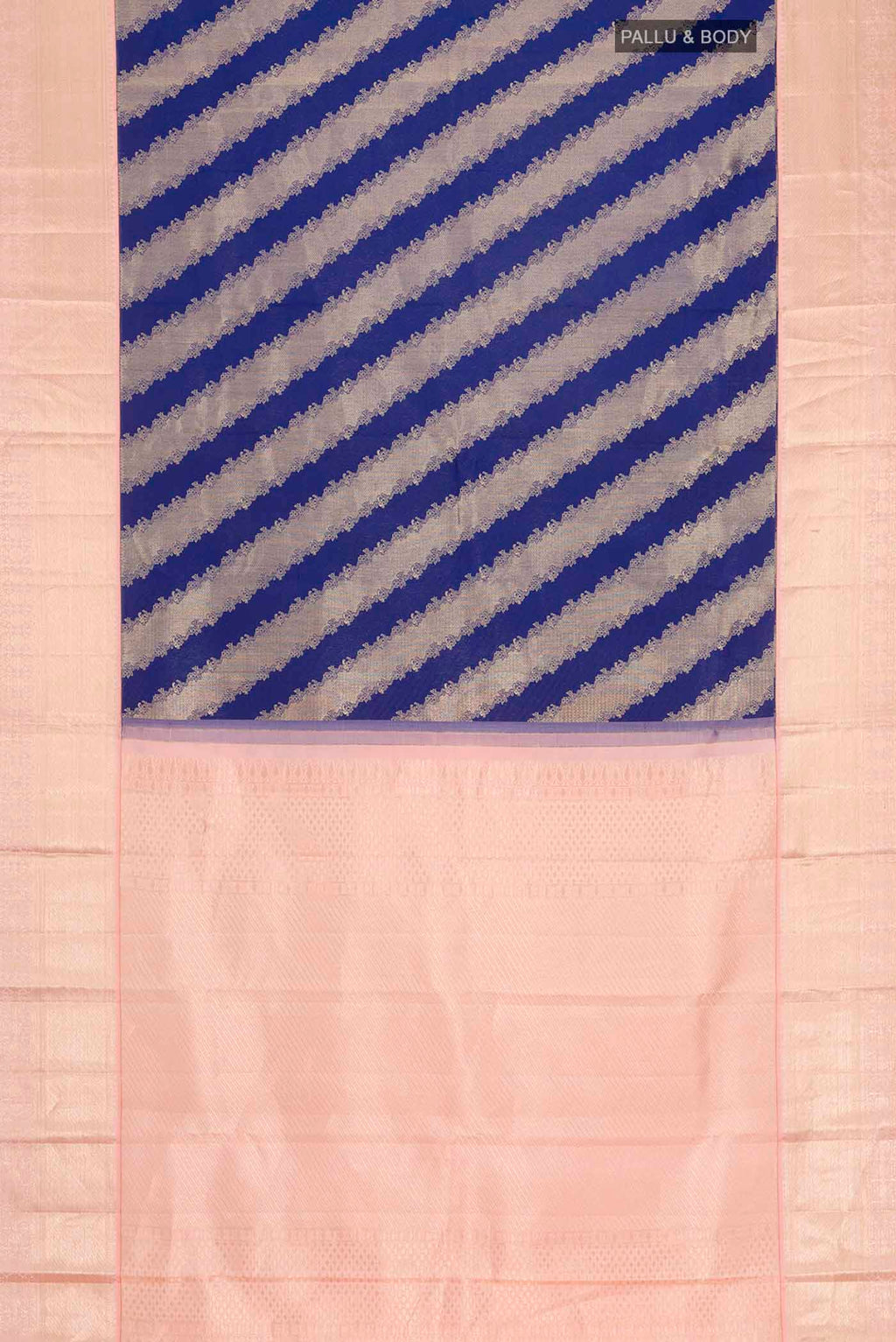 Flat view of Blue Kanchipuram Silk Saree with Zari Butta on the body and Zari Border