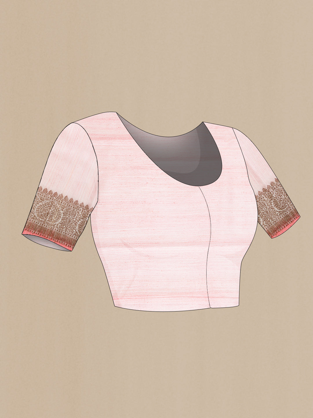 Close up image of the blouse of Pink Dual Tone Raw Silk Saree with Zari Butta on the body and Zari Border