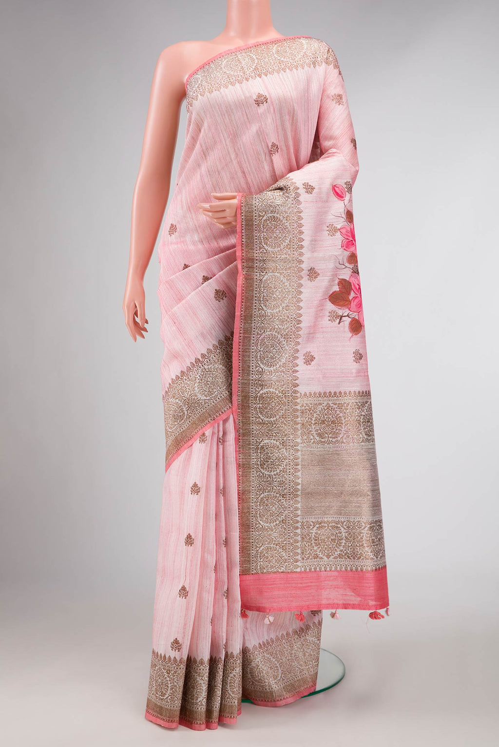 Pink Dual Tone Raw Silk Saree with Zari Butta on the body and Zari Border displayed on a mannequin