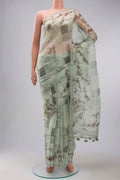 Green Organza Silk Saree with Printed design on the body and Plain Border displayed on a mannequin