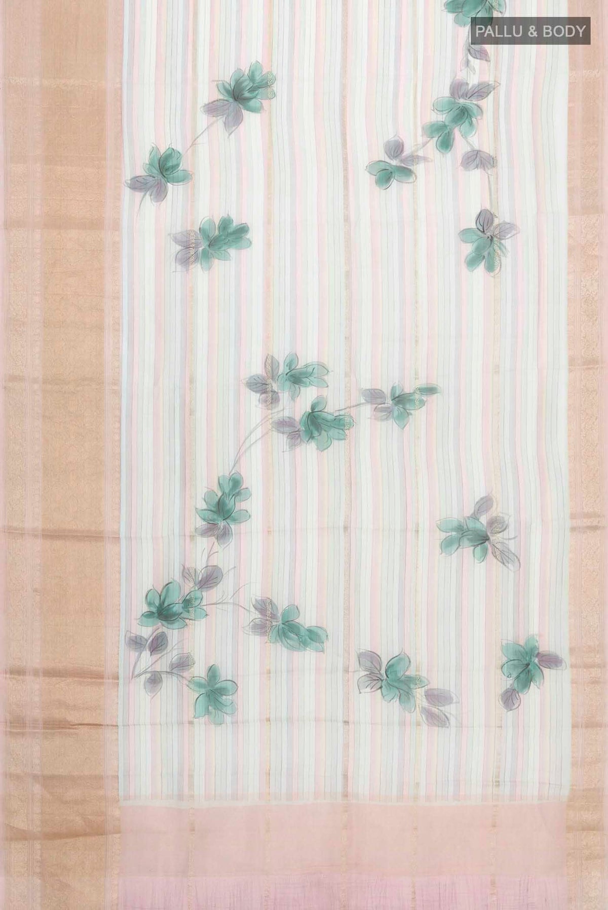 Flat view of Blue Organza Silk Saree with Stripes on the body and Zari Border