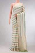 Offwhite , Green and Beige Color Mysore Silk Saree with Stripes on the body and Zari Border.  displayed on a mannequin