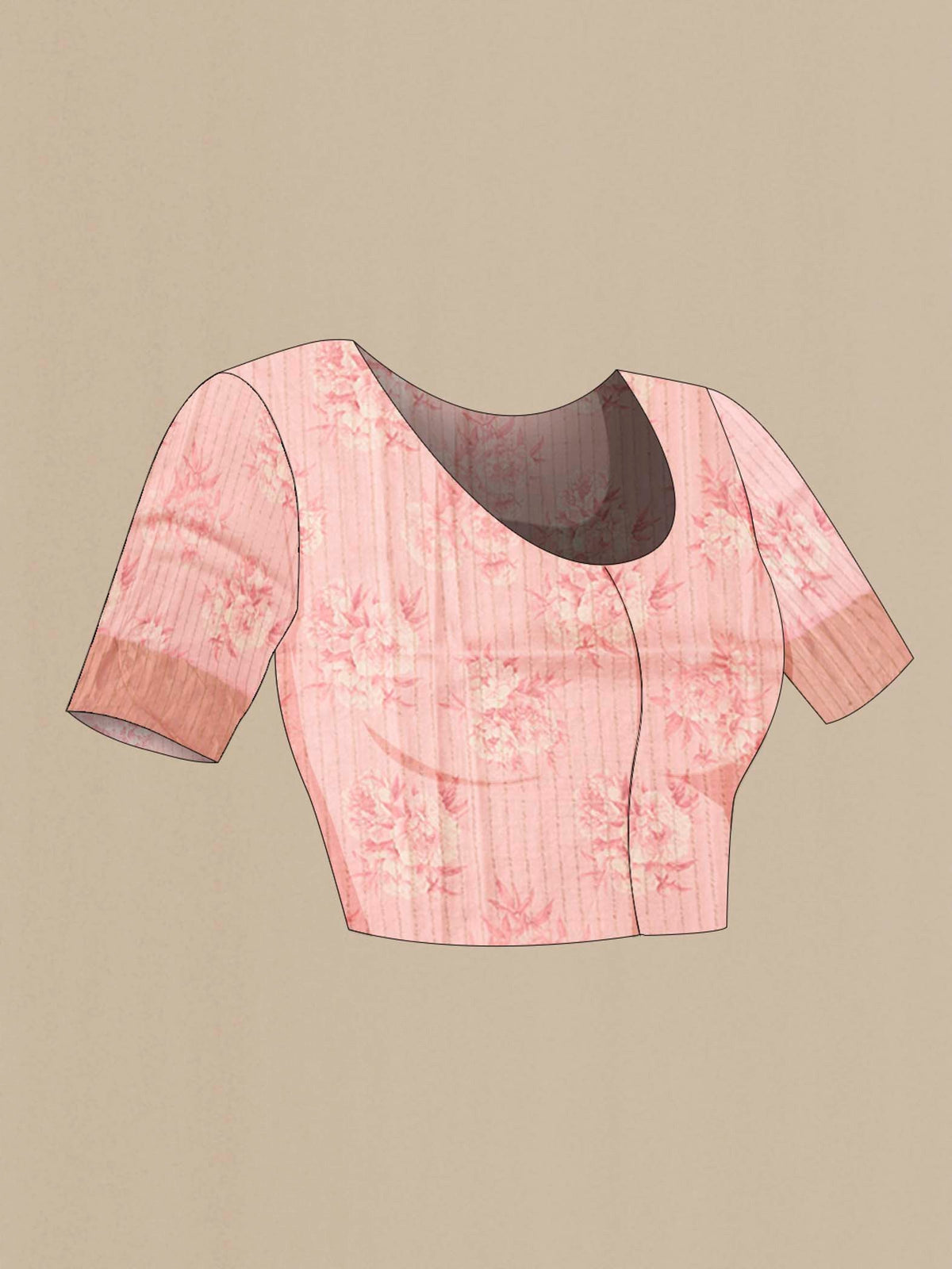 Close up image of the blouse of Rose pink Bhagalpuri Tussar Silk Saree with Embroidery on the body and Zari Border