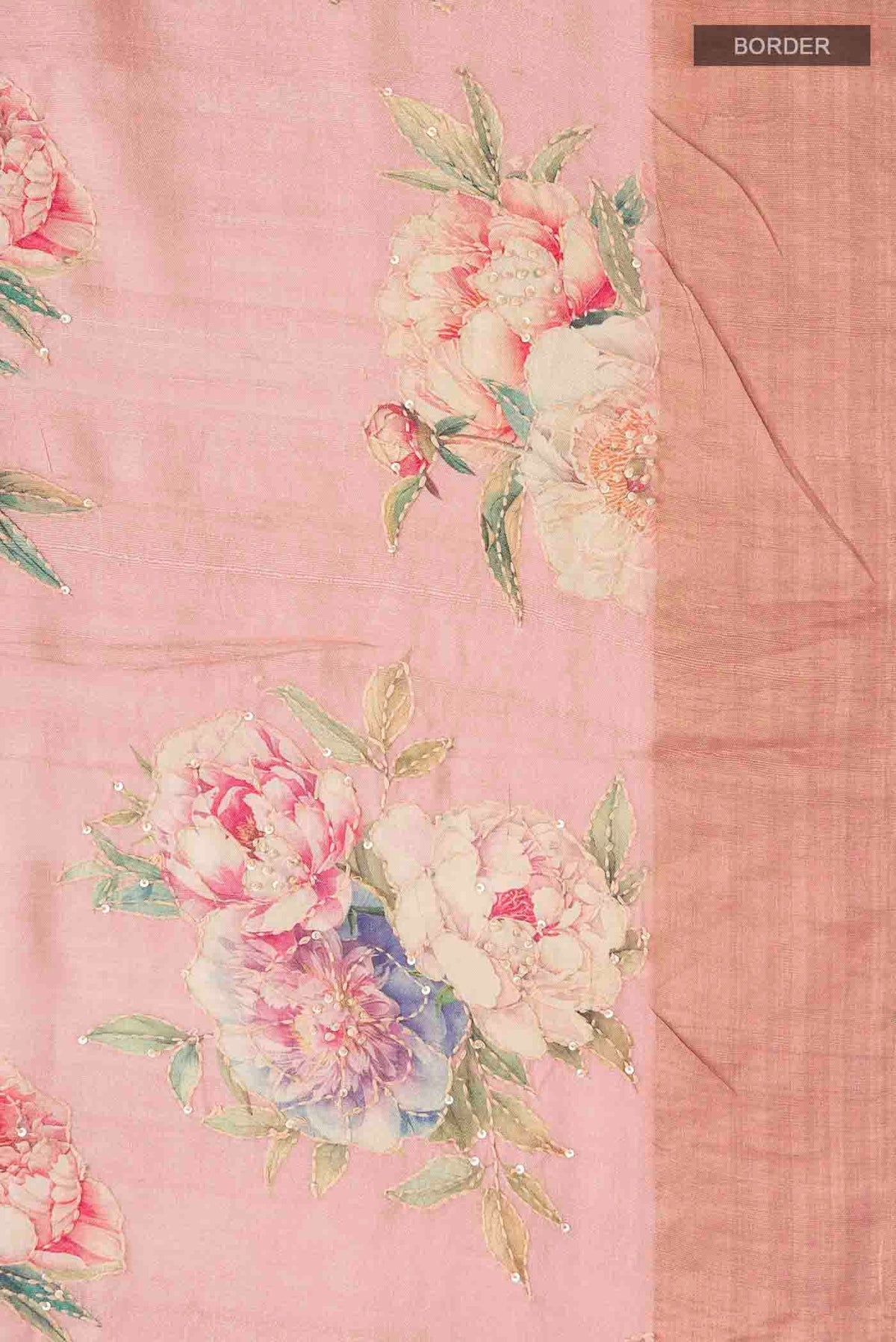 Border image of Rose pink Bhagalpuri Tussar Silk Saree with Embroidery on the body and Zari Border