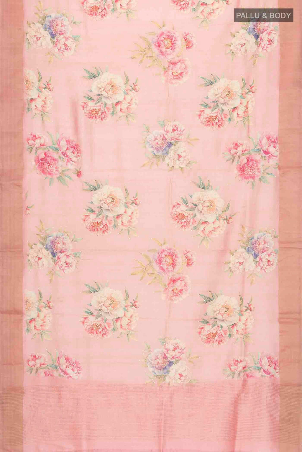 Flat view of Rose pink Bhagalpuri Tussar Silk Saree with Embroidery on the body and Zari Border