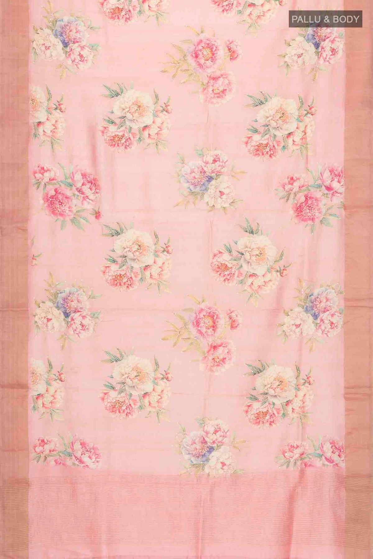 Flat view of Rose pink Bhagalpuri Tussar Silk Saree with Embroidery on the body and Zari Border