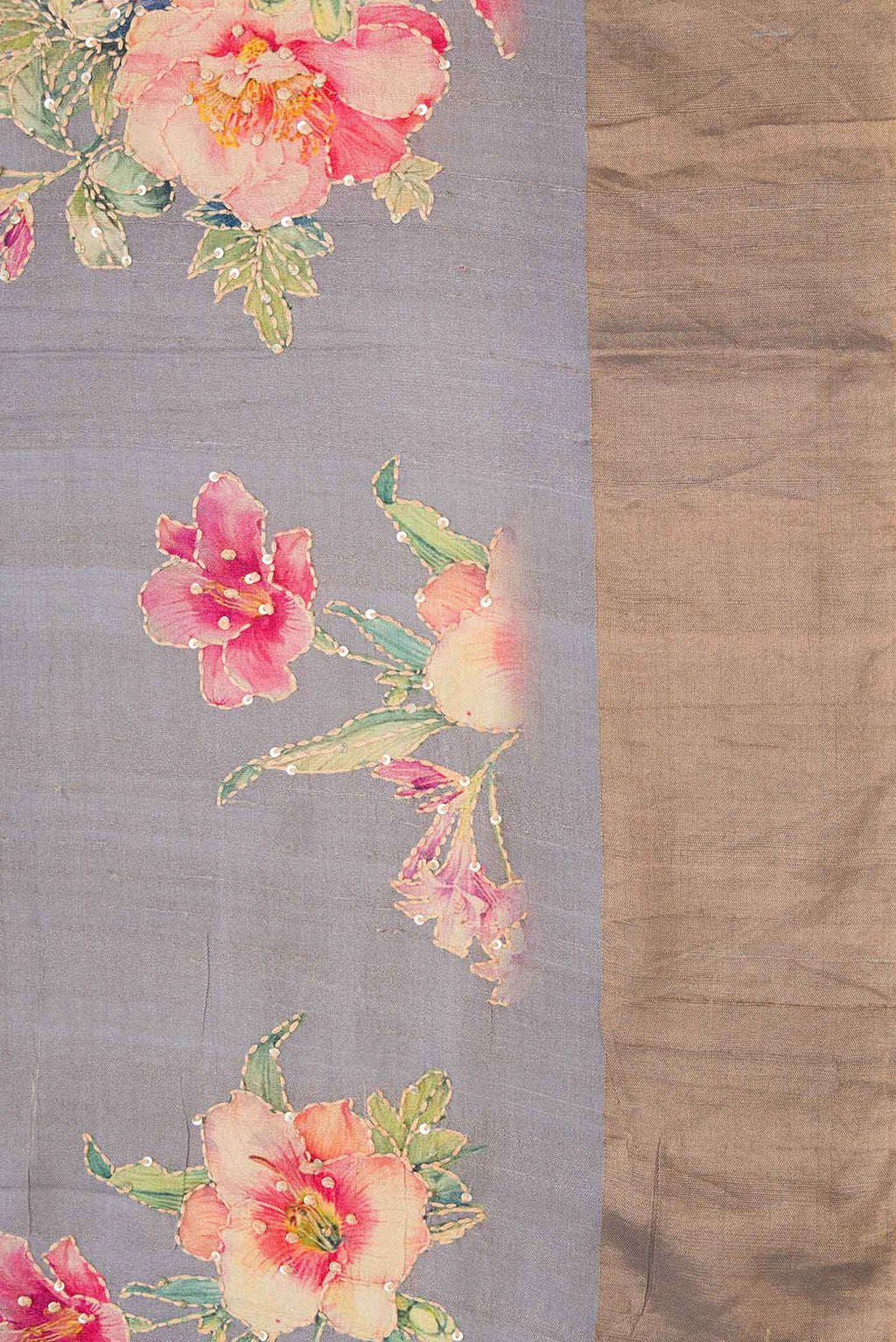 Border image of Grey Dual Tone Tussar Silk Saree with Embroidery on the body and Zari Border