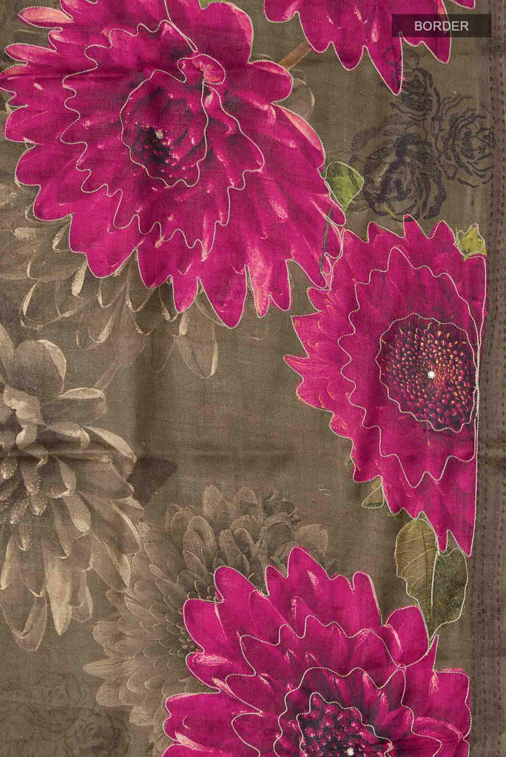 Border image of Green Tussar Silk Saree with Printed design on the body and Embroidery Border