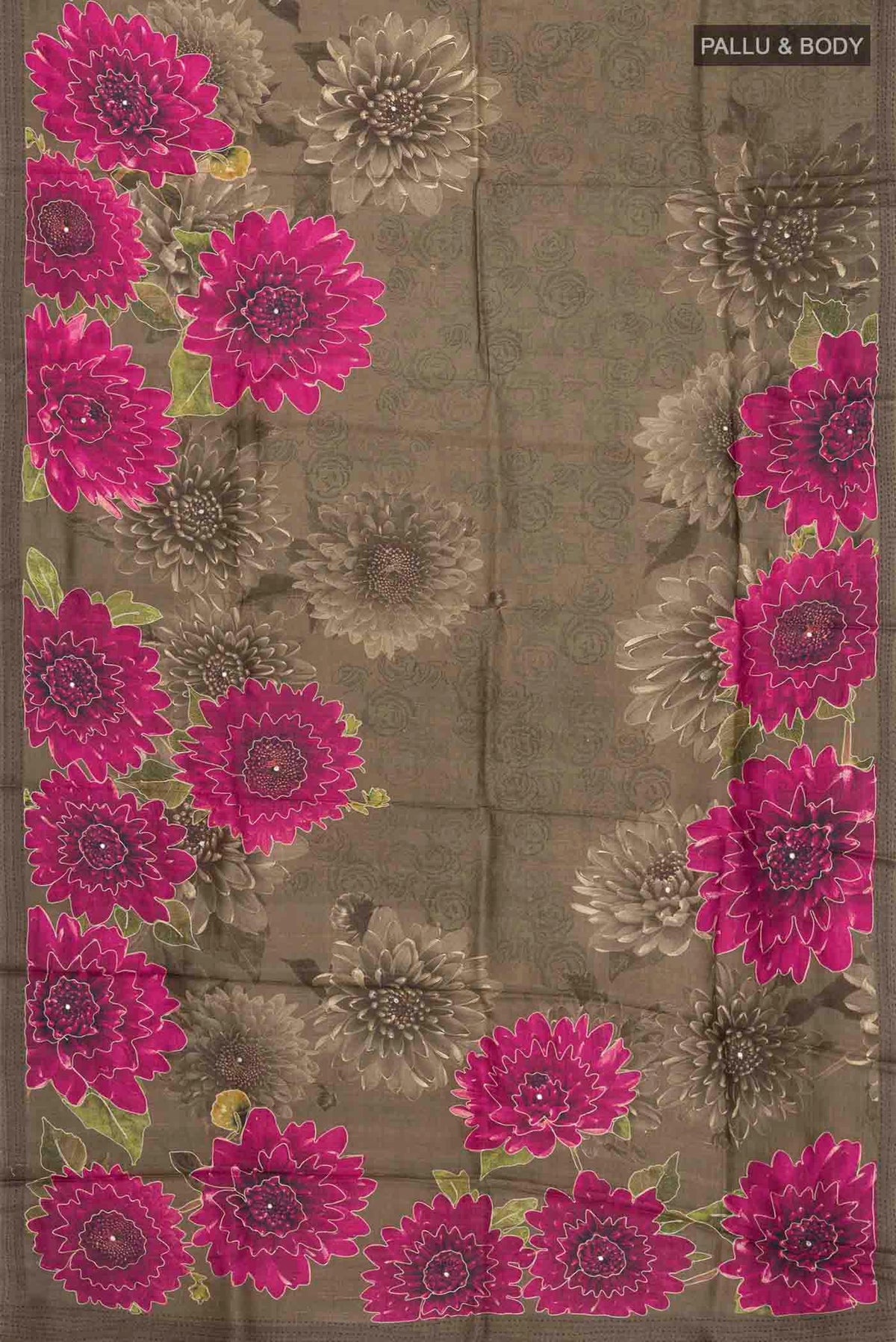 Flat view of Green Tussar Silk Saree with Printed design on the body and Embroidery Border