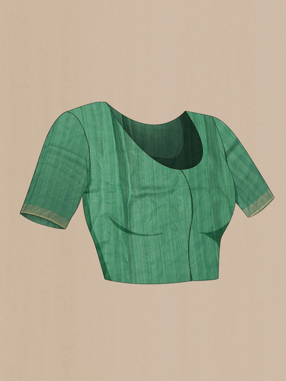Close up image of the blouse of Green Tussar Silk Saree with Printed design on the body and Zari Border