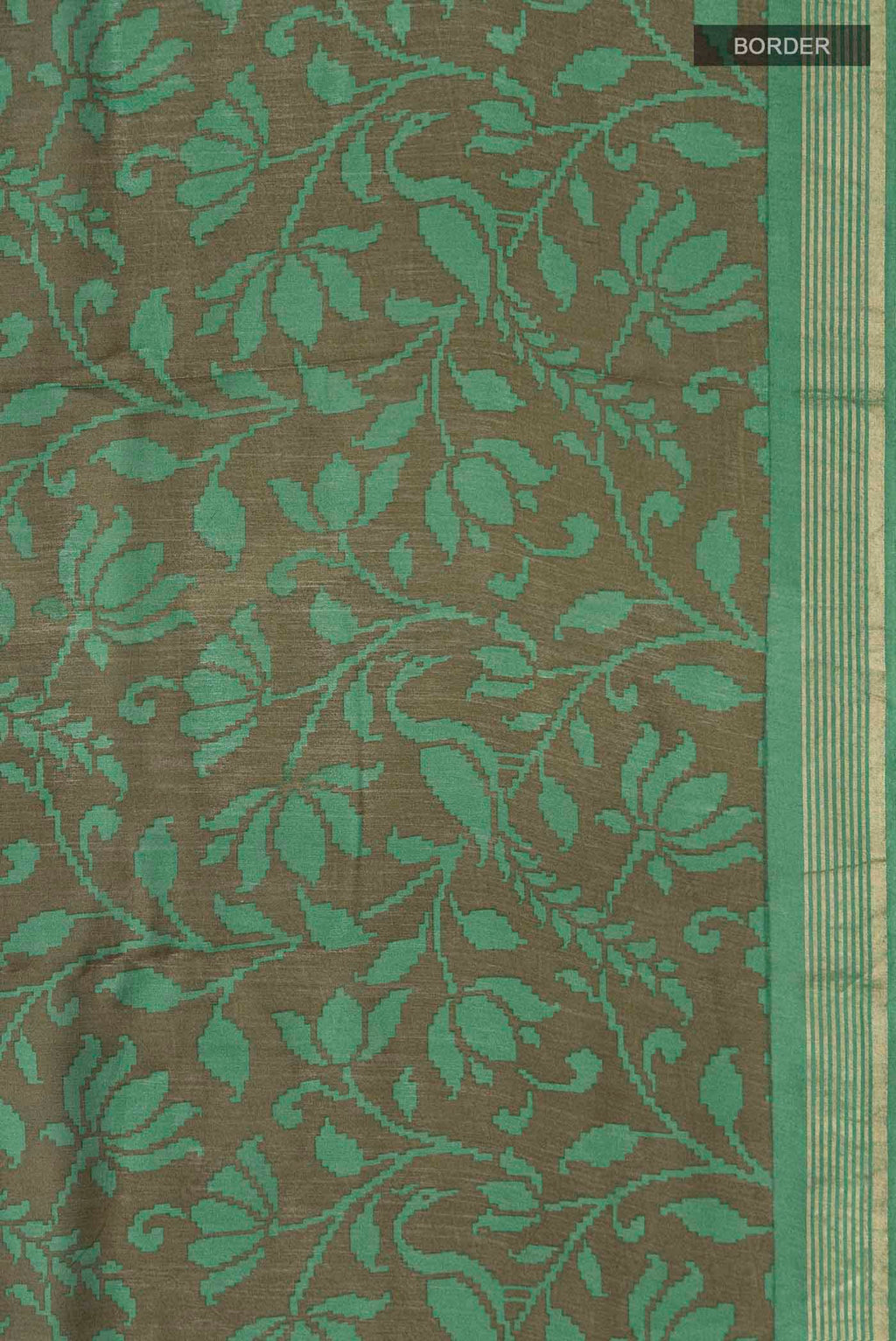 Border image of Green Tussar Silk Saree with Printed design on the body and Zari Border