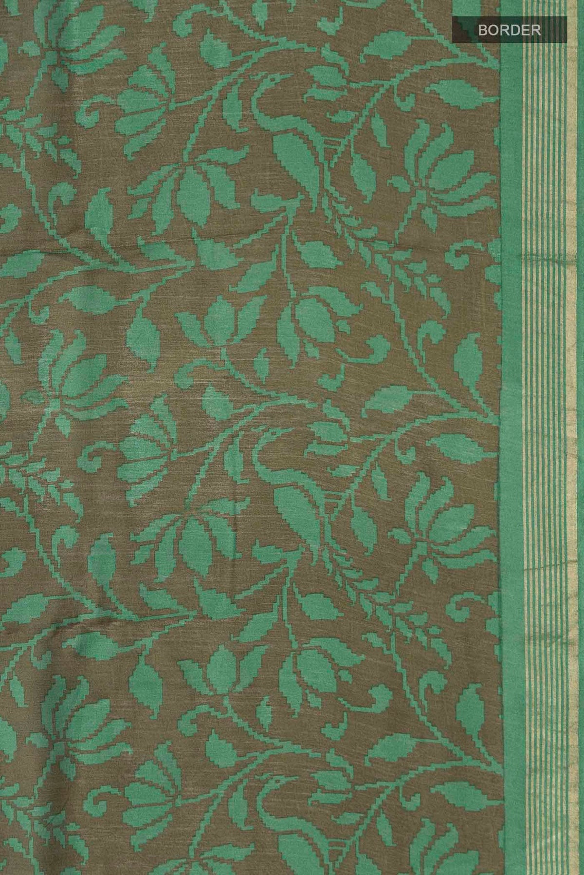 Border image of Green Tussar Silk Saree with Printed design on the body and Zari Border