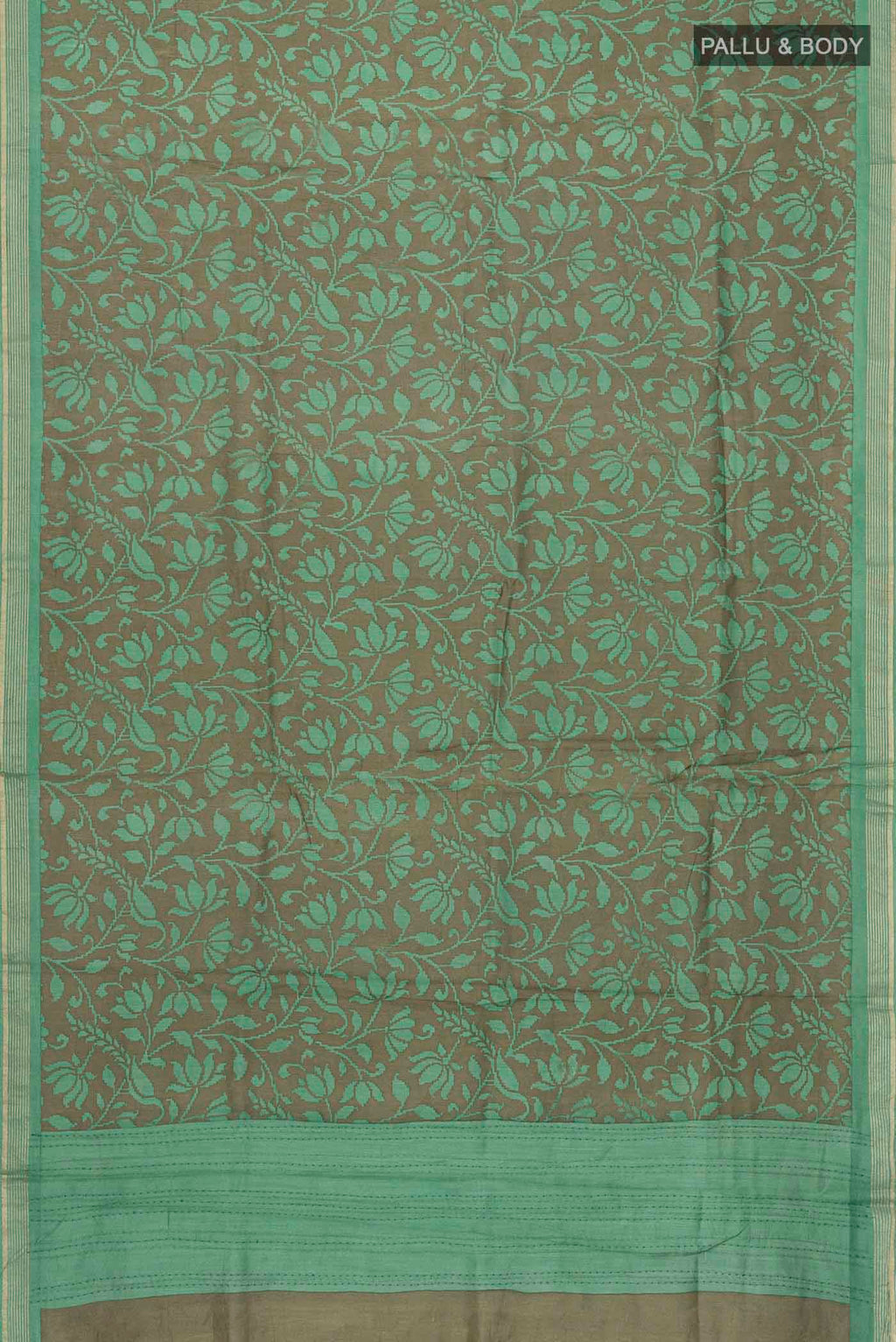 Flat view of Green Tussar Silk Saree with Printed design on the body and Zari Border