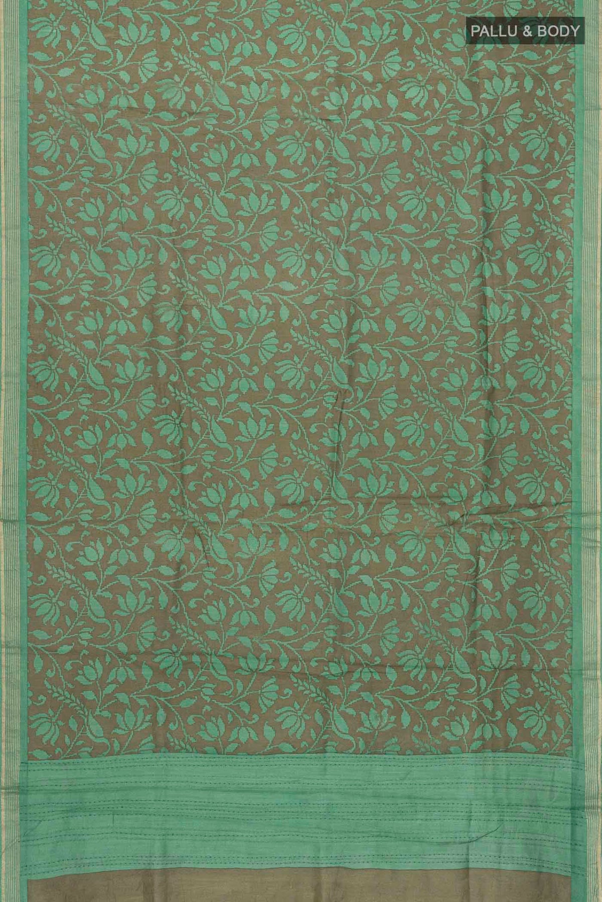 Flat view of Green Tussar Silk Saree with Printed design on the body and Zari Border