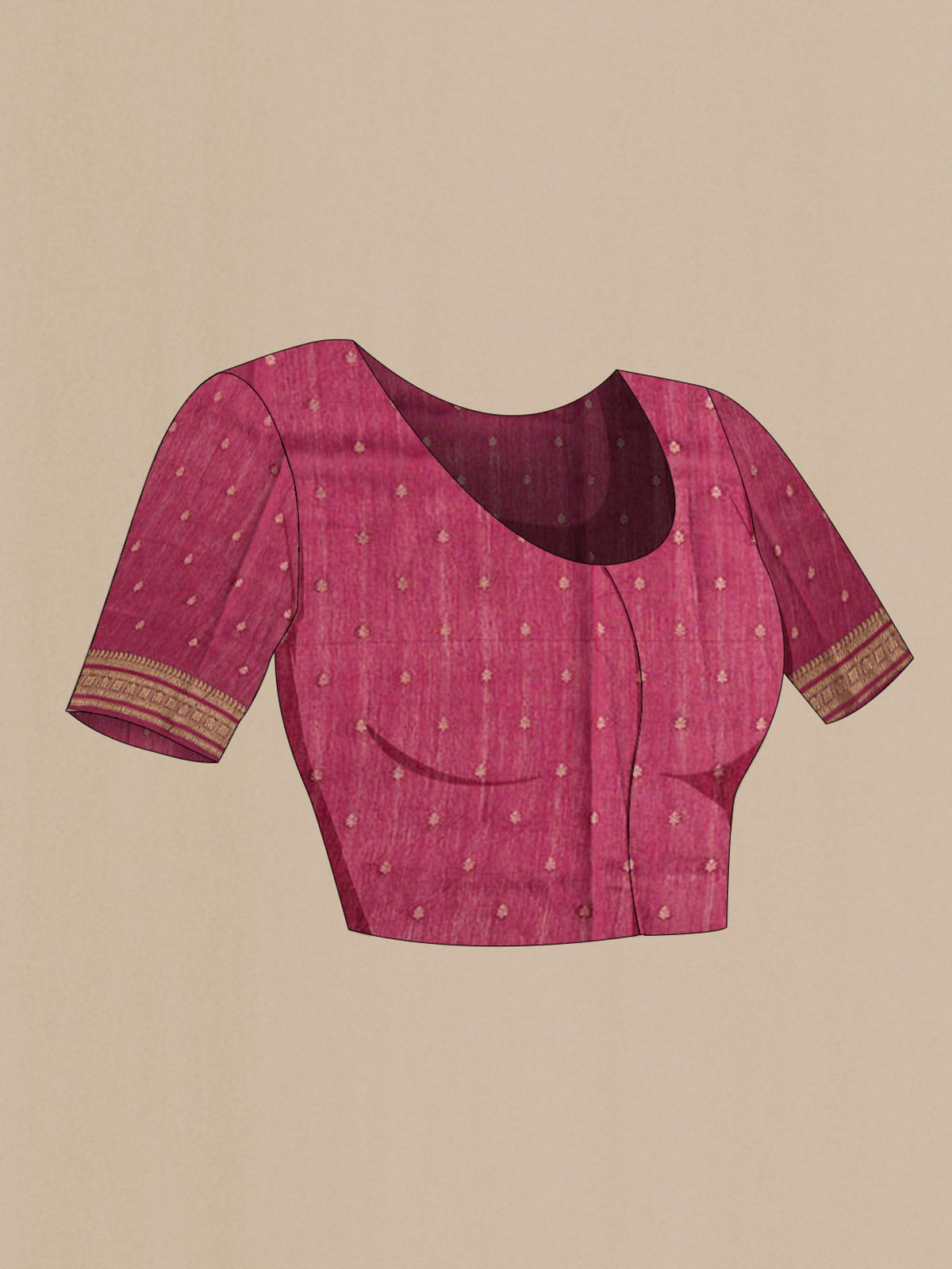 Close up image of the blouse of Mauve Tussar Silk Saree with Printed design on the body and Zari Border