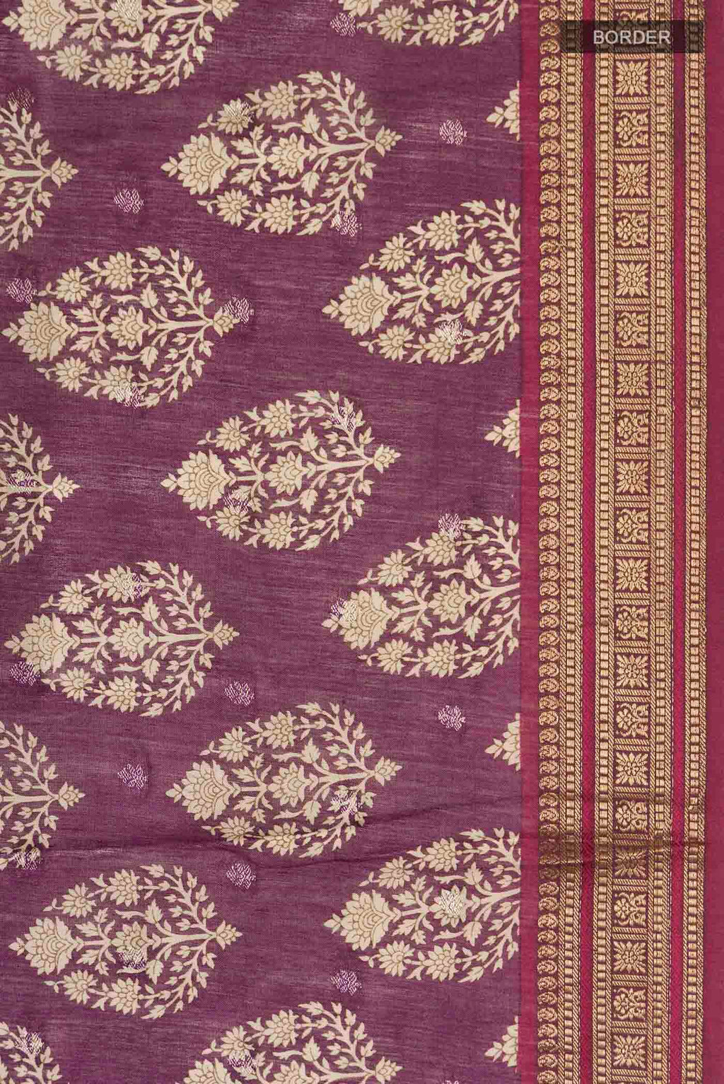 Border image of Mauve Tussar Silk Saree with Printed design on the body and Zari Border
