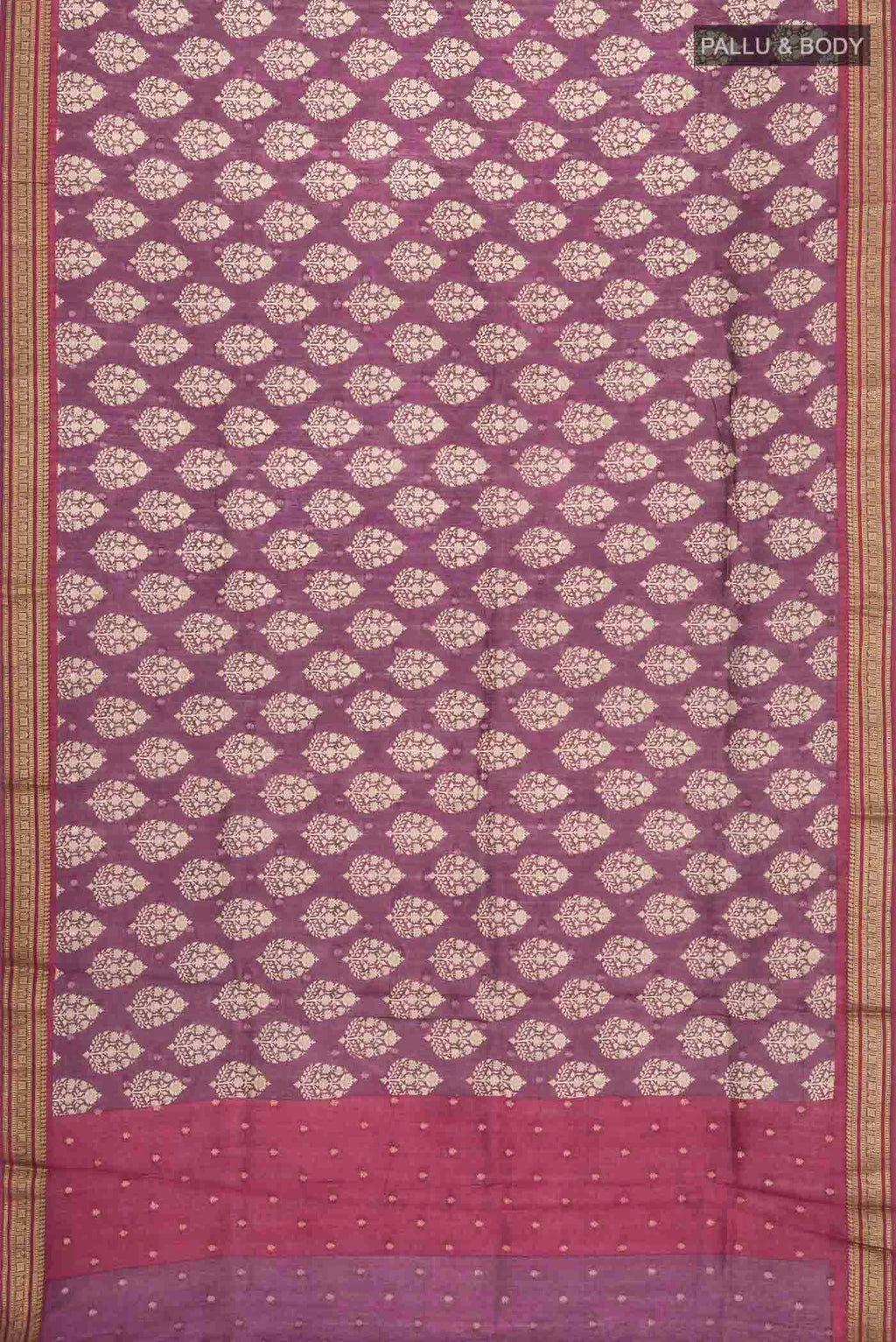 Flat view of Mauve Tussar Silk Saree with Printed design on the body and Zari Border