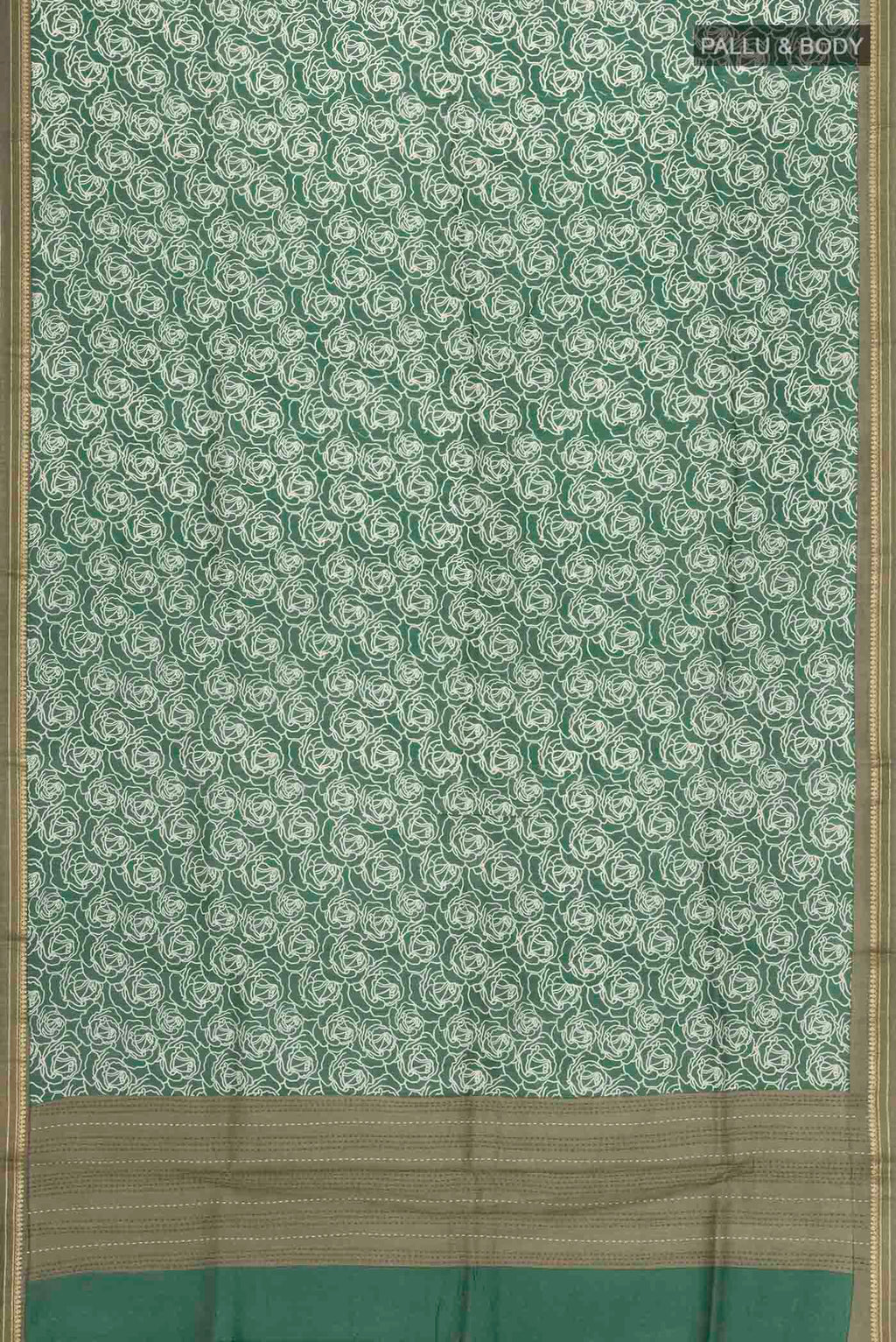 Flat view of Green Tussar Silk Saree with Printed design on the body and Zari Border