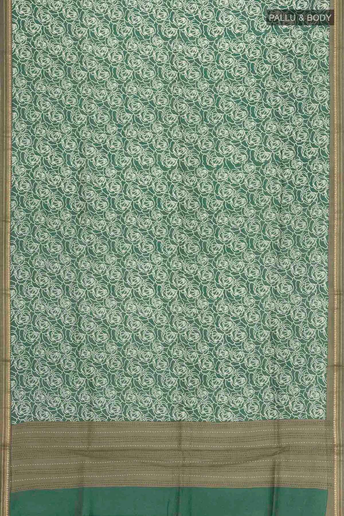 Flat view of Green Tussar Silk Saree with Printed design on the body and Zari Border