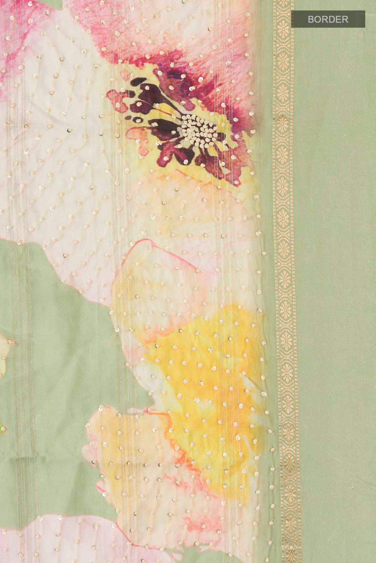 Border image of Green Tussar Silk Saree with Embroidery on the body and Zari Border