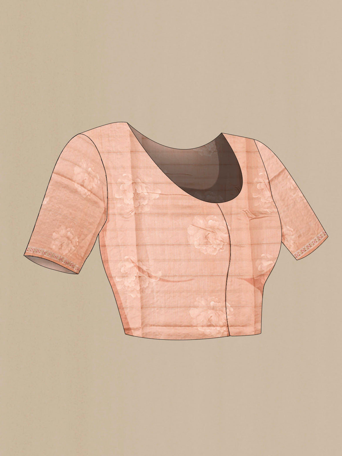 Close up image of the blouse of Peach Tussar Silk Saree with Zari Butta on the body and Zari Border