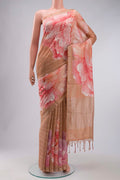 Peach Tussar Silk Saree with Zari Butta on the body and Zari Border displayed on a mannequin