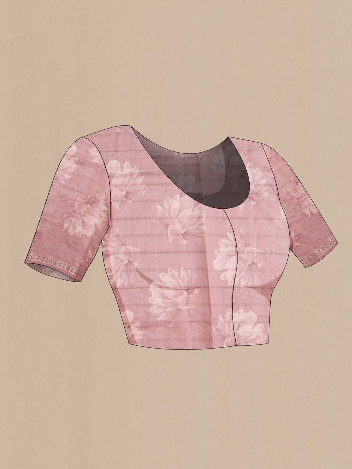 Close up image of the blouse of Mauve Tussar Silk Saree with Embroidery on the body and Zari Border