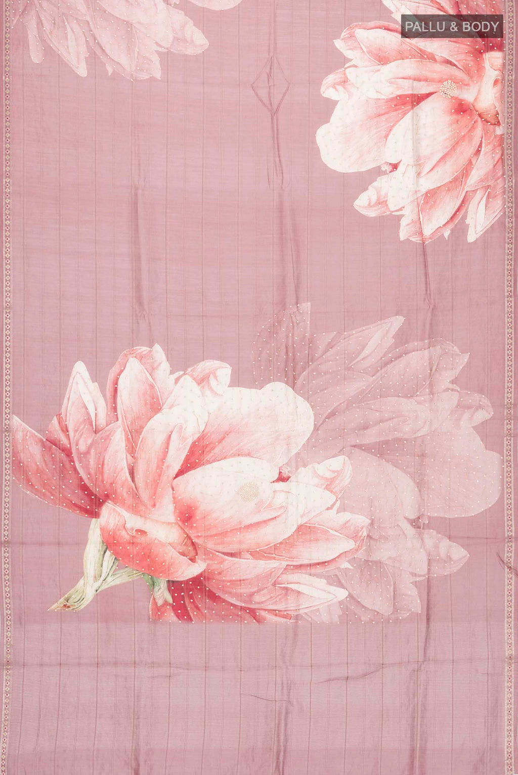 Flat view of Mauve Tussar Silk Saree with Embroidery on the body and Zari Border